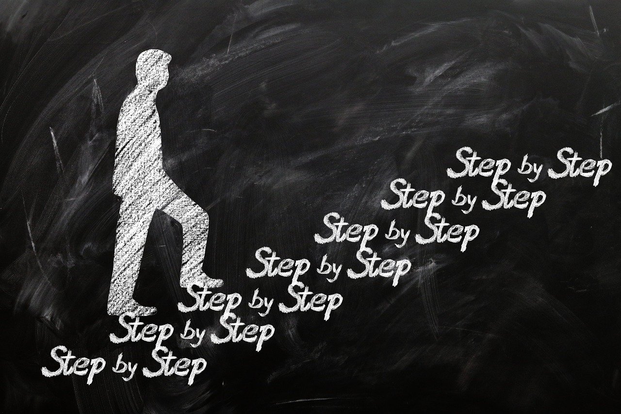 Silhouette of person walking up stairs that are formed by the words "step-by-step"